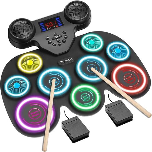Electronic Drum Set - YUOIOYU Electric Drum Set Roll Up Portable Drum Kit MIDI Practice Drum Pad with Dual Built-in Speaker, Drum Sticks and Pedals, Christmas Birthday Gift for Kids Adult in Kuwait