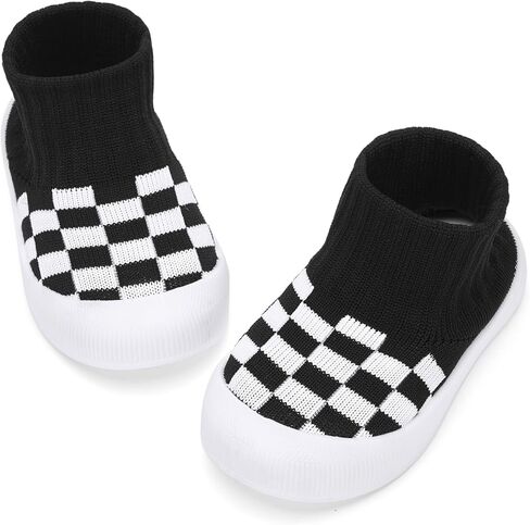 BACSAC Baby Boy Girl Socks Shoes Toddler Elastic Breathable Slippers Kid Walking Sneakers with High Top Knitted Checkered Upper Anti Collision Non-Slip Design for Indoor Outdoor in Kuwait