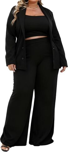 IyMoo Women's Plus Size 3 Piece Sets Outfit Tracksuit Crop Top Blazer Jacket and Wide Leg Long Pants Jumpsuit Romper Suits in Kuwait