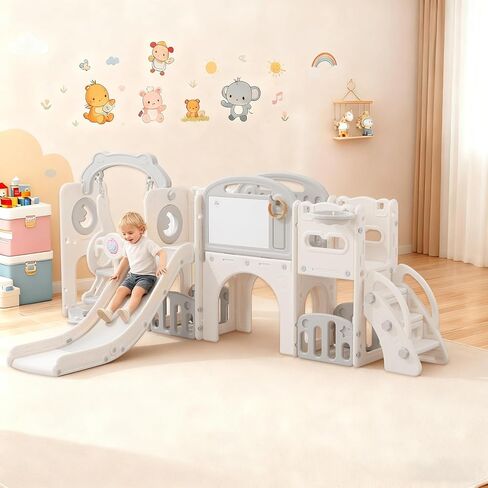 Toddler Outdoor Climber Playset with Basketball for Kids Ages 1 to 3 Years Slide and Swing Set 12 in 1 Playground Indoor Slide for Kids Durable Ecofriendly Plastic Backyard Playset White in Kuwait