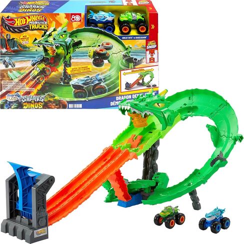 Hot Wheels Toy Monster Trucks, Sharks vs. Dinos Dragon Destruction Playset with 1:64 Scale Great Bite & Rageasaur, Race to Defeat The Cyborg Nemesis in Saudi Arabia