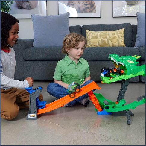 Hot Wheels Toy Monster Trucks, Sharks vs. Dinos Dragon Destruction Playset with 1:64 Scale Great Bite & Rageasaur, Race to Defeat The Cyborg Nemesis in Saudi Arabia