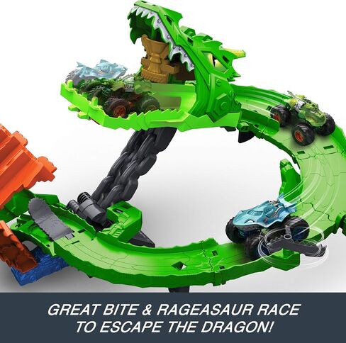 Hot Wheels Toy Monster Trucks, Sharks vs. Dinos Dragon Destruction Playset with 1:64 Scale Great Bite & Rageasaur, Race to Defeat The Cyborg Nemesis in Saudi Arabia