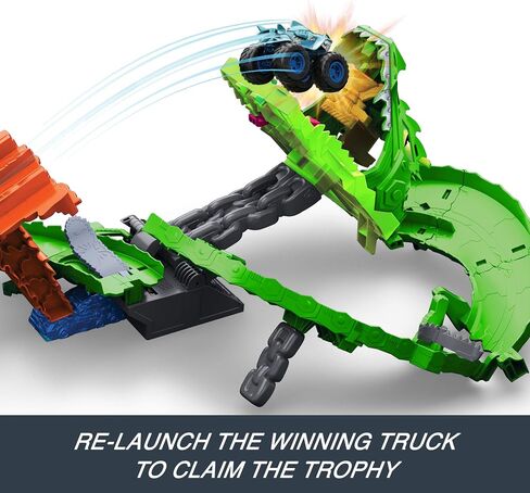 Hot Wheels Toy Monster Trucks, Sharks vs. Dinos Dragon Destruction Playset with 1:64 Scale Great Bite & Rageasaur, Race to Defeat The Cyborg Nemesis in Saudi Arabia