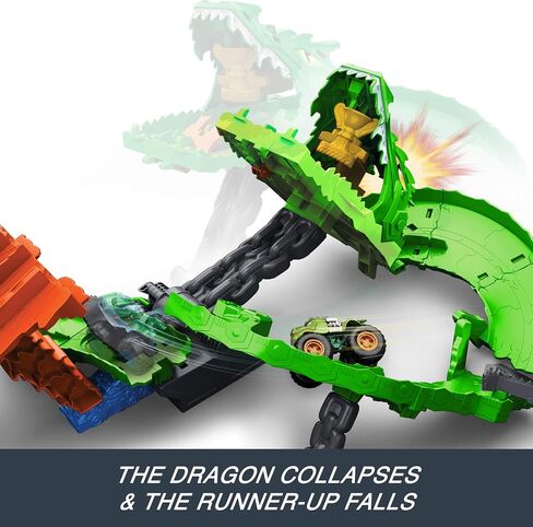 Hot Wheels Toy Monster Trucks, Sharks vs. Dinos Dragon Destruction Playset with 1:64 Scale Great Bite & Rageasaur, Race to Defeat The Cyborg Nemesis in Saudi Arabia