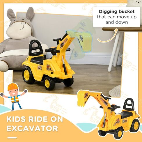Homcom Ride On Excavator Pull Cart ، Kids Grouldzer Ride On Truck with Horn ، Under Setting Storage ، Sit and Scoot Play Play Toy Construction Car للأعمار من 18 إلى 48 شهرًا in Kuwait