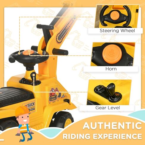 Homcom Ride On Excavator Pull Cart ، Kids Grouldzer Ride On Truck with Horn ، Under Setting Storage ، Sit and Scoot Play Play Toy Construction Car للأعمار من 18 إلى 48 شهرًا in Kuwait