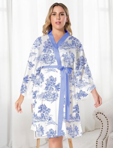 EPLAZA Women Floral Silky Satin Robe Wedding Bridal Party Bride Bridesmaid Robes Kimono Loungewear Dressing Gowns in Kuwait