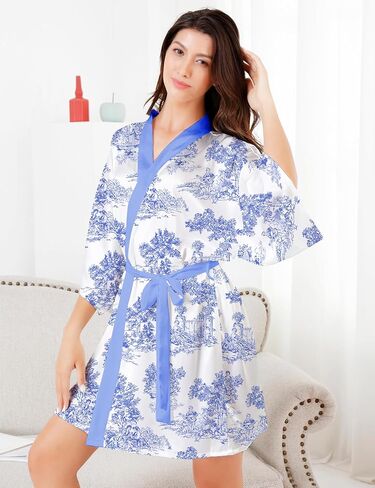 EPLAZA Women Floral Silky Satin Robe Wedding Bridal Party Bride Bridesmaid Robes Kimono Loungewear Dressing Gowns in Kuwait