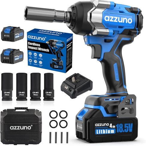 مفتاح ربط كهربائي من AZZUNO مقاس 1/2 بوصة بدون فرشاة بقوة 590 قدمًا (800 نيوتن متر) مع شاحن، مفتاح ربط يعمل بالبطارية 2 × 4.0 أمبير لإطارات السيارة المنزلية in Kuwait