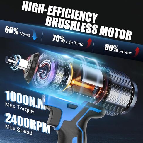 مفتاح ربط كهربائي من AZZUNO مقاس 1/2 بوصة بدون فرشاة بقوة 590 قدمًا (800 نيوتن متر) مع شاحن، مفتاح ربط يعمل بالبطارية 2 × 4.0 أمبير لإطارات السيارة المنزلية in Kuwait