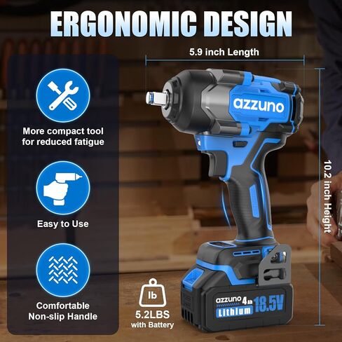 مفتاح ربط كهربائي من AZZUNO مقاس 1/2 بوصة بدون فرشاة بقوة 590 قدمًا (800 نيوتن متر) مع شاحن، مفتاح ربط يعمل بالبطارية 2 × 4.0 أمبير لإطارات السيارة المنزلية in Kuwait