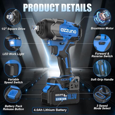مفتاح ربط كهربائي من AZZUNO مقاس 1/2 بوصة بدون فرشاة بقوة 590 قدمًا (800 نيوتن متر) مع شاحن، مفتاح ربط يعمل بالبطارية 2 × 4.0 أمبير لإطارات السيارة المنزلية in Kuwait