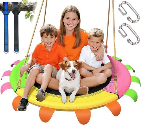 Saucer Swing for Kids Outdoor-400 رطل تقلبات الأشجار الشاقة ، مجموعات أرجوحة الفناء الخلفي مع الأشرطة والحبال القابلة للتعديل ، مقعد في الهواء الطلق المقاوم للطقس (آمن للأطفال ، ألوان نابضة بالحياة) in Kuwait