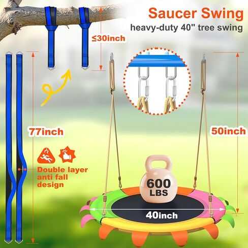 Saucer Swing for Kids Outdoor-400 رطل تقلبات الأشجار الشاقة ، مجموعات أرجوحة الفناء الخلفي مع الأشرطة والحبال القابلة للتعديل ، مقعد في الهواء الطلق المقاوم للطقس (آمن للأطفال ، ألوان نابضة بالحياة) in Kuwait