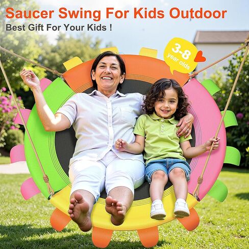 Saucer Swing for Kids Outdoor-400 رطل تقلبات الأشجار الشاقة ، مجموعات أرجوحة الفناء الخلفي مع الأشرطة والحبال القابلة للتعديل ، مقعد في الهواء الطلق المقاوم للطقس (آمن للأطفال ، ألوان نابضة بالحياة) in Kuwait
