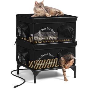 Heated Cat House for Outside Cat in Winter, Insulated Outdoor Feral Cat Shelter with Cat Heating Pad, 2 Doors,Elevated Waterproof Heated Kitty House (Black, 25"x13.7"x18") in Kuwait