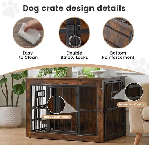 Gardner Pet Dog Crate Furniture للكلاب المتوسطة ، 38.8 بوصة الكلاب الداخلية ، طاولة قفص الكلب الخشبي مع 2 أوعية قابلة للإزالة ، قفص الكلب الثقيل ، رمادي ريفي in Kuwait