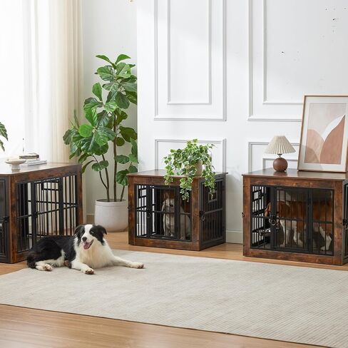 Gardner Pet Dog Crate Furniture للكلاب المتوسطة ، 38.8 بوصة الكلاب الداخلية ، طاولة قفص الكلب الخشبي مع 2 أوعية قابلة للإزالة ، قفص الكلب الثقيل ، رمادي ريفي in Kuwait