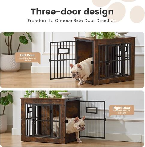 Gardner Pet Dog Crate Furniture للكلاب المتوسطة ، 38.8 بوصة الكلاب الداخلية ، طاولة قفص الكلب الخشبي مع 2 أوعية قابلة للإزالة ، قفص الكلب الثقيل ، رمادي ريفي in Kuwait