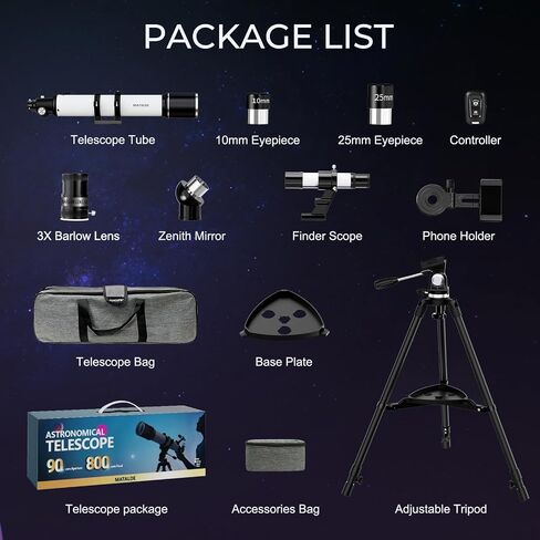 90mm Aperture Telescope 800mm Focal Length Refractor for Beginners & Adult, Professional Astronomy Telescope with 32X-240X Magnification, 3X Barlow Lens & Phone Adapter in Saudi Arabia