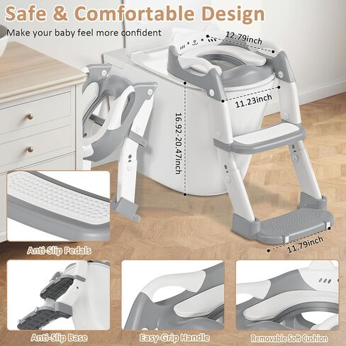 مقعد تدريب على استخدام المرحاض مع سلم مقعد متدرج، مقعد مرحاض للتدريب على استخدام الأطفال 3 في 1 للأولاد والبنات، نونية أطفال قابلة لضبط الارتفاع وقابلة للطي مع واقي من الرذاذ، ووسادة غير قابلة للانزلاق ومقابض أمان (رمادي) in Kuwait