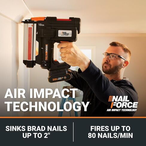 WORX Brad Nailer Cordless, 20V 18 ga Brushless Nail Gun Cordless, High Driving Power, Up to 2-⅛" into Hardwood, Narrow Nose, 3 LEDs, 3000 Nails & 20V 2.0 Ah Battery and Charger Included, PowerShare in Saudi Arabia
