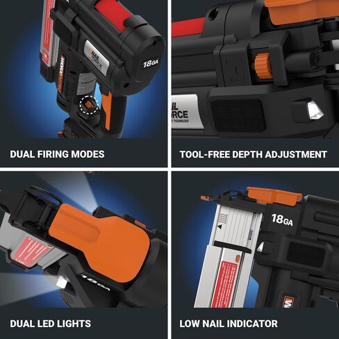 WORX Brad Nailer Cordless, 20V 18 ga Brushless Nail Gun Cordless, High Driving Power, Up to 2-⅛" into Hardwood, Narrow Nose, 3 LEDs, 3000 Nails & 20V 2.0 Ah Battery and Charger Included, PowerShare in Saudi Arabia