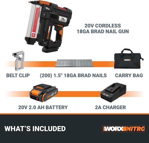 WORX Brad Nailer Cordless, 20V 18 ga Brushless Nail Gun Cordless, High Driving Power, Up to 2-⅛" into Hardwood, Narrow Nose, 3 LEDs, 3000 Nails & 20V 2.0 Ah Battery and Charger Included, PowerShare in Saudi Arabia