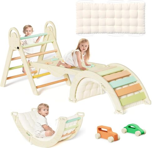 Pikler Triangle Set, Baby Climbing Playset Toys Indoor, Jungle Gyms for Toddlers Ages 1-4, Toddler Climbing Playground with Cushion & Toy Car in Saudi Arabia