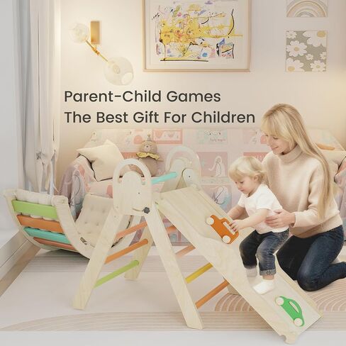 Pikler Triangle Set, Baby Climbing Playset Toys Indoor, Jungle Gyms for Toddlers Ages 1-4, Toddler Climbing Playground with Cushion & Toy Car in Saudi Arabia
