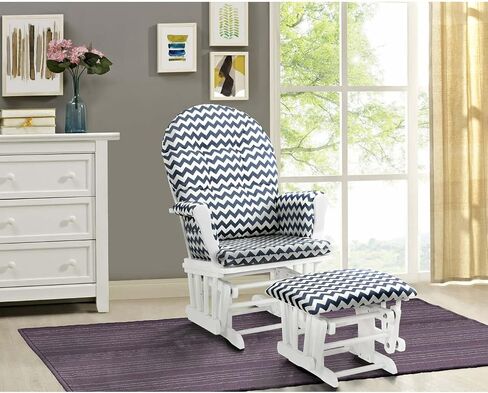 Mountain Majesty Glider and Ottoman,White with Blue Cushion - 24.75" D x 25.75" W x 39.5" H, Removable Chair Cushions with Enclosed Metal Bearings in Saudi Arabia