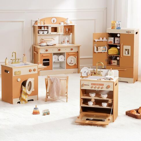 ROBOTIME Wooden Kids Play Kitchen – 4-in-1 Toddler Play Kitchen Set with Fridge, Washer & Dishwasher – Wooden Corner Cooking Playset for Boys & Girls Ages 3+ in Saudi Arabia