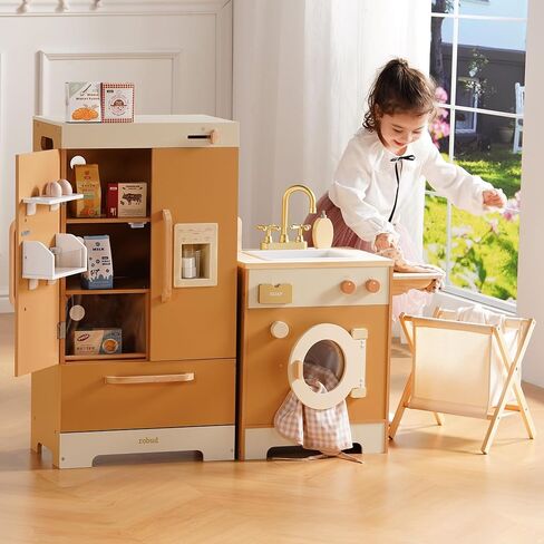 ROBOTIME Wooden Kids Play Kitchen – 4-in-1 Toddler Play Kitchen Set with Fridge, Washer & Dishwasher – Wooden Corner Cooking Playset for Boys & Girls Ages 3+ in Saudi Arabia