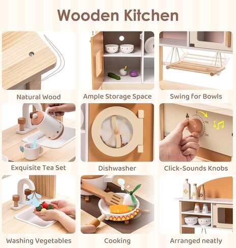 ROBOTIME Wooden Kids Play Kitchen – 4-in-1 Toddler Play Kitchen Set with Fridge, Washer & Dishwasher – Wooden Corner Cooking Playset for Boys & Girls Ages 3+ in Saudi Arabia