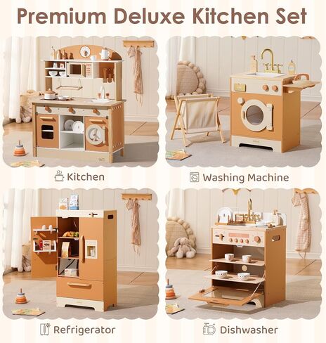 ROBOTIME Wooden Kids Play Kitchen – 4-in-1 Toddler Play Kitchen Set with Fridge, Washer & Dishwasher – Wooden Corner Cooking Playset for Boys & Girls Ages 3+ in Saudi Arabia