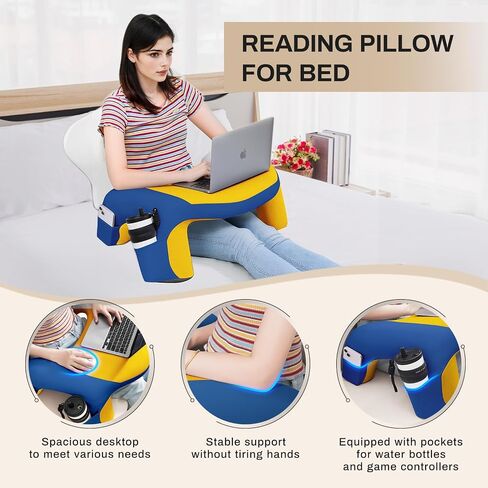 Laptop Lap Desk, Reading Pillow for Bed, Memory Foam Arm Rest Support Gaming Pillow with Cup/Phone Pocket, Laptop Lap Desk for Working, Gaming, Reading on Couch Bed Floor- White in Saudi Arabia