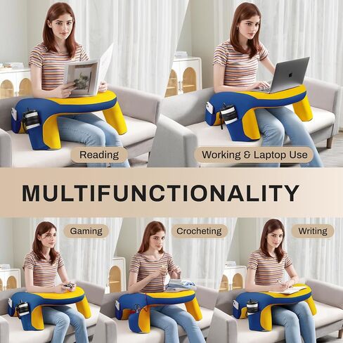 Laptop Lap Desk, Reading Pillow for Bed, Memory Foam Arm Rest Support Gaming Pillow with Cup/Phone Pocket, Laptop Lap Desk for Working, Gaming, Reading on Couch Bed Floor- White in Saudi Arabia