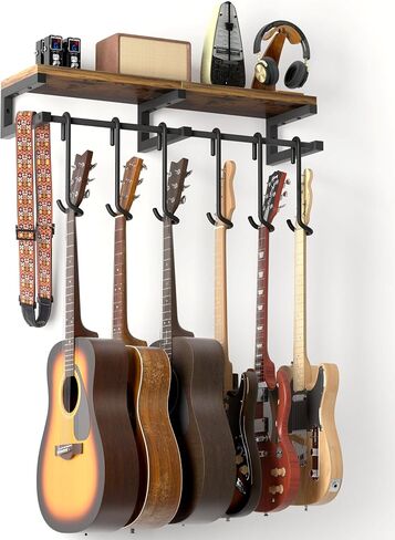 Keebofly Guitar Wall Mount Hangers Holds 3 Guitars with Rustic Shelf, 3-Detachable Guitar Hooks Universal Fit for Acoustic, Electric, Bass & Ukulele (Brown) in Saudi Arabia