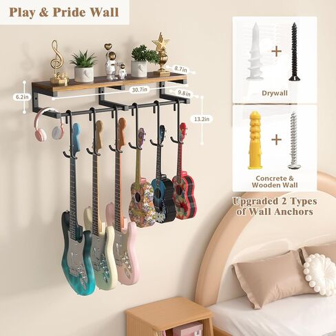 Keebofly Guitar Wall Mount Hangers Holds 3 Guitars with Rustic Shelf, 3-Detachable Guitar Hooks Universal Fit for Acoustic, Electric, Bass & Ukulele (Brown) in Saudi Arabia