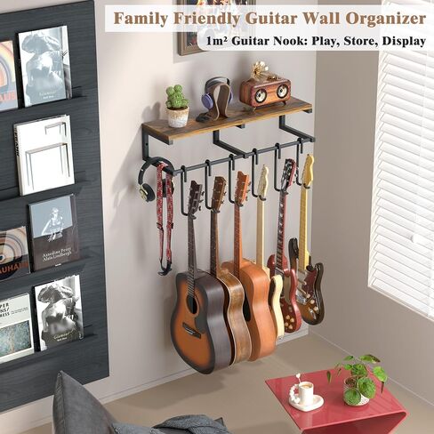 Keebofly Guitar Wall Mount Hangers Holds 3 Guitars with Rustic Shelf, 3-Detachable Guitar Hooks Universal Fit for Acoustic, Electric, Bass & Ukulele (Brown) in Saudi Arabia