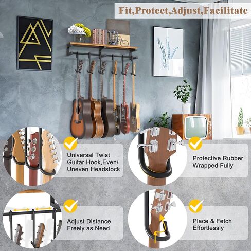 Keebofly Guitar Wall Mount Hangers Holds 3 Guitars with Rustic Shelf, 3-Detachable Guitar Hooks Universal Fit for Acoustic, Electric, Bass & Ukulele (Brown) in Saudi Arabia