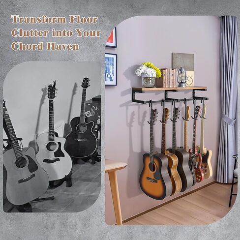 Keebofly Guitar Wall Mount Hangers Holds 3 Guitars with Rustic Shelf, 3-Detachable Guitar Hooks Universal Fit for Acoustic, Electric, Bass & Ukulele (Brown) in Saudi Arabia