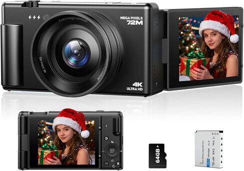 4K Digital Camera with Flip Screen, CCD Camera for Students, Compact Travel Cameras for Photography, 18X Digital Zoom Vlogging Cameras for YouTube, Ideal for Bignners Boys Girls Kids in Kuwait