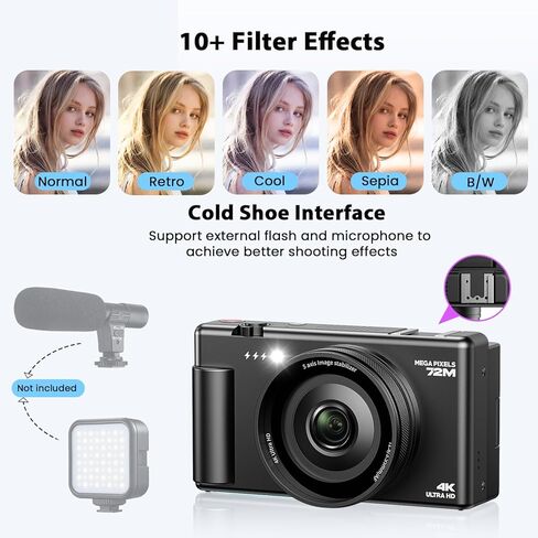 4K Digital Camera with Flip Screen, CCD Camera for Students, Compact Travel Cameras for Photography, 18X Digital Zoom Vlogging Cameras for YouTube, Ideal for Bignners Boys Girls Kids in Kuwait