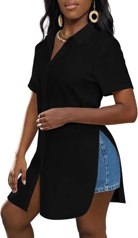 LYANER Women's Collar V Neck Button Down Slit Hem Short Sleeve Blouse Long Shirt Top in Kuwait