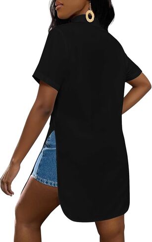 LYANER Women's Collar V Neck Button Down Slit Hem Short Sleeve Blouse Long Shirt Top in Kuwait