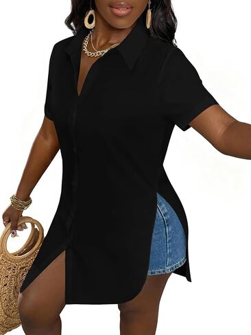 LYANER Women's Collar V Neck Button Down Slit Hem Short Sleeve Blouse Long Shirt Top in Kuwait