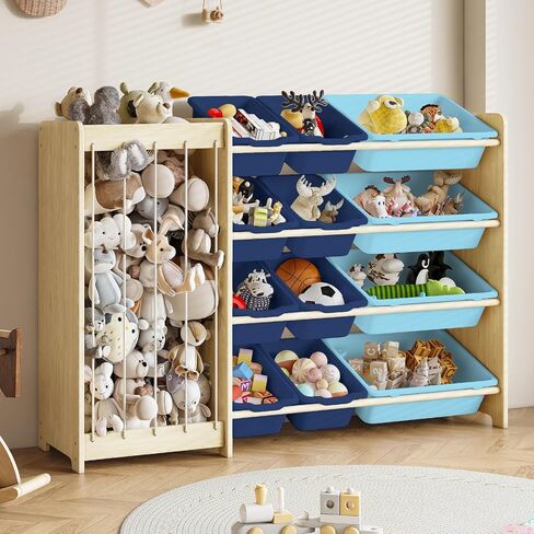 Kids Toy Storage Organizer, 2-in-1 Stuffed Animal Storage & Toy Organizer w/12 Storage Bins, Solid Wood Toy Rack Featuring Thicker Elastic Ropes, Playroom Nursery Bedroom Storage, White in Kuwait