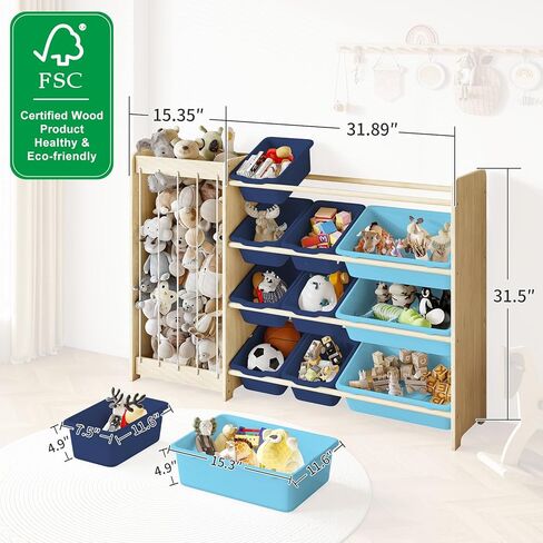Kids Toy Storage Organizer, 2-in-1 Stuffed Animal Storage & Toy Organizer w/12 Storage Bins, Solid Wood Toy Rack Featuring Thicker Elastic Ropes, Playroom Nursery Bedroom Storage, White in Kuwait